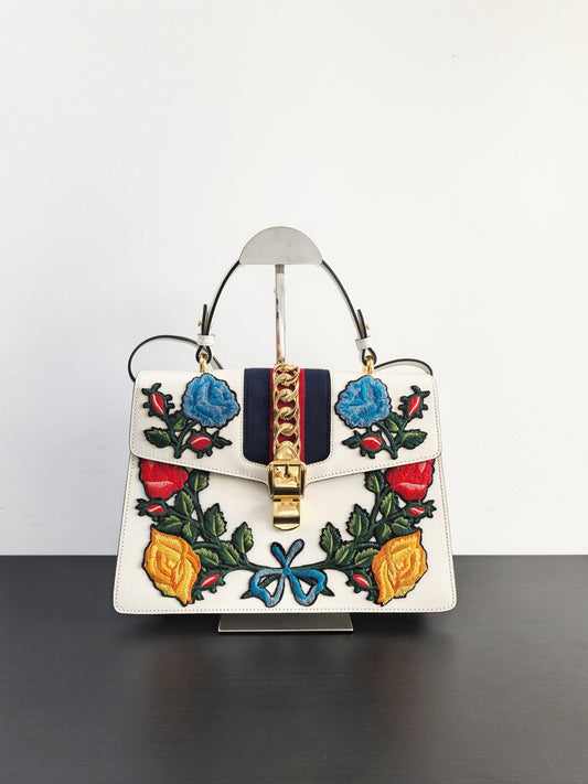 Gucci Sylvie Embroidered Leather Top-Handle 2WAY Bag Medium