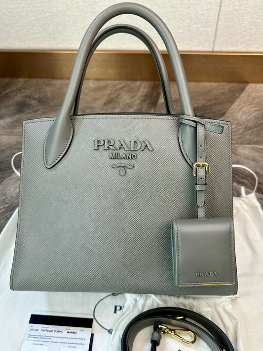 Prada Galleria Saffiano Gray Leather Handbag Tote Bag