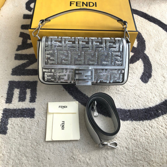 Fendi Baguette  Leather Crystal FF Shoulder Bag Handbag