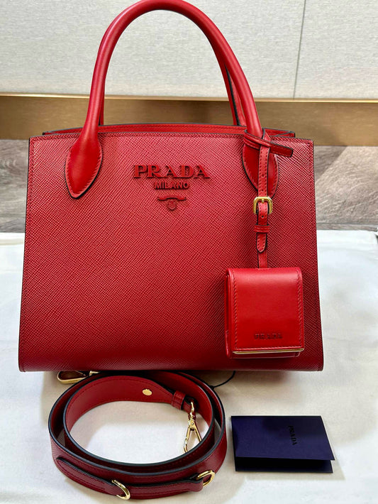 Prada Galleria Saffiano Red Leather Small Bag 2way