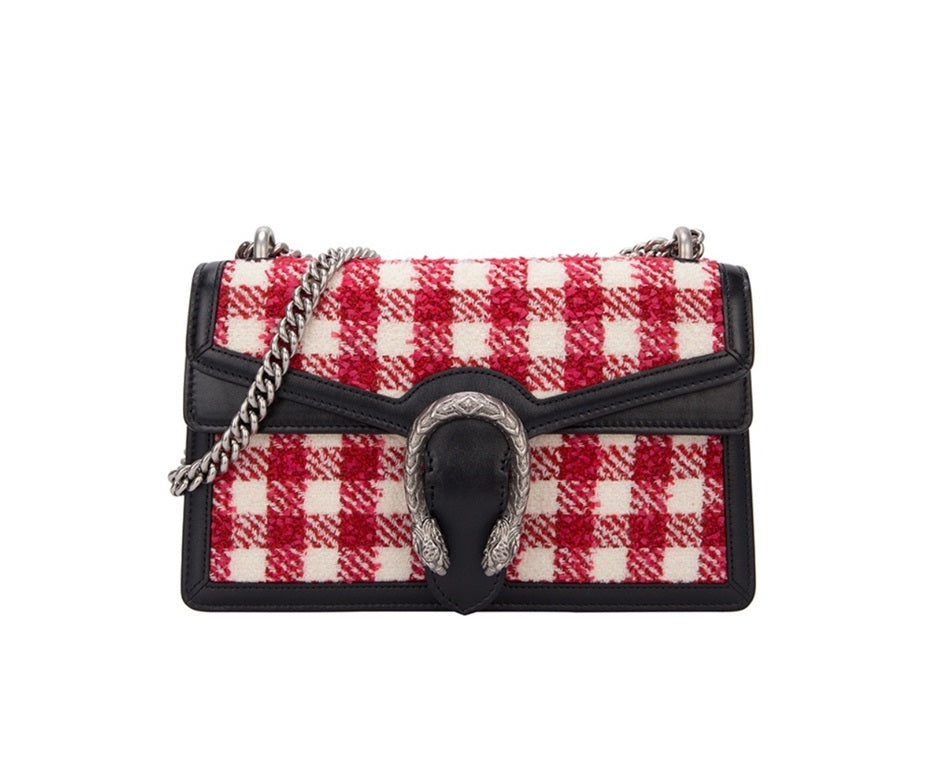 Gucci Dionysus Red Plaid Woolen Shoulder Bag Small