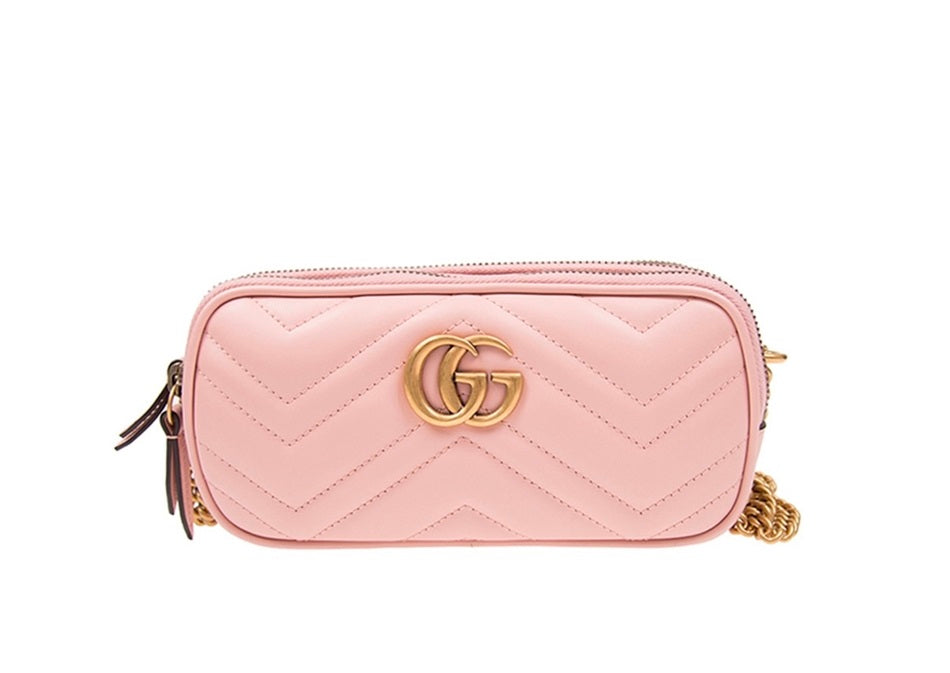 Gucci GG Marmont Gold Label Logo Mini Pink Three Layer Chain Bag