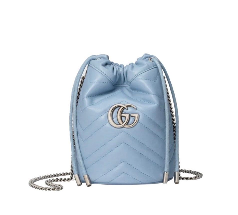 Gucci GG Marmont Quilted Drawstring Chain Blue Bucket Bag