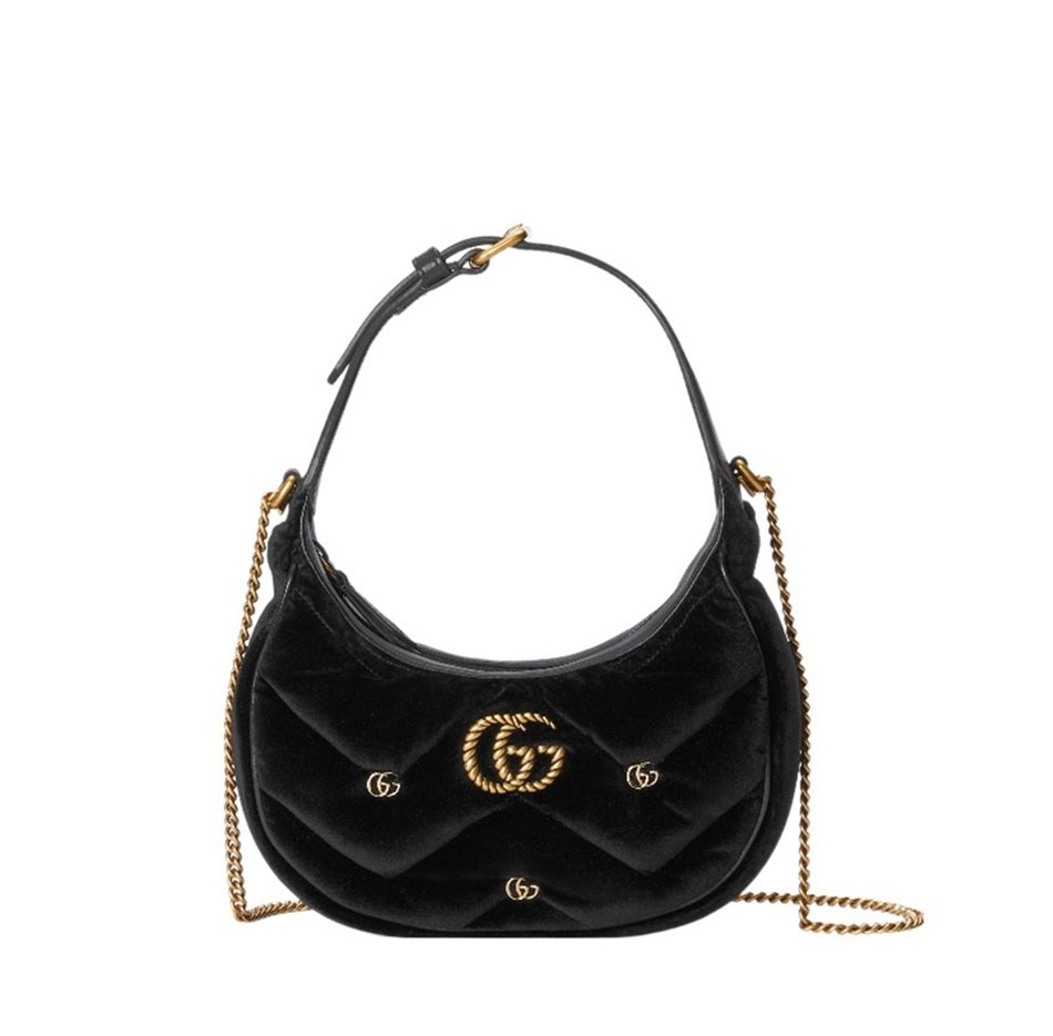 Gucci GG Marmot Black Velvet Moon Bag Shoulder Handbag