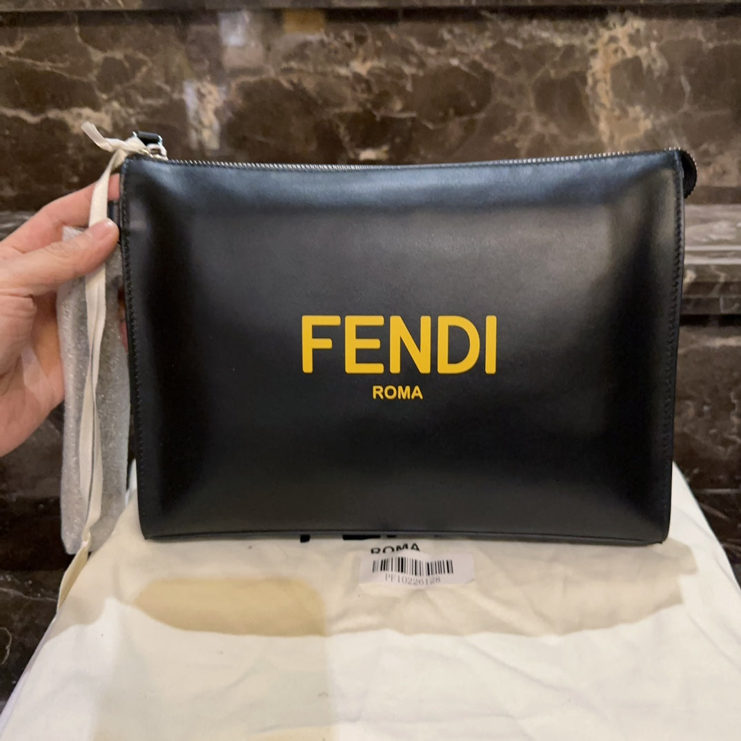 Fendi Black Printed Handbag Clutch Leather