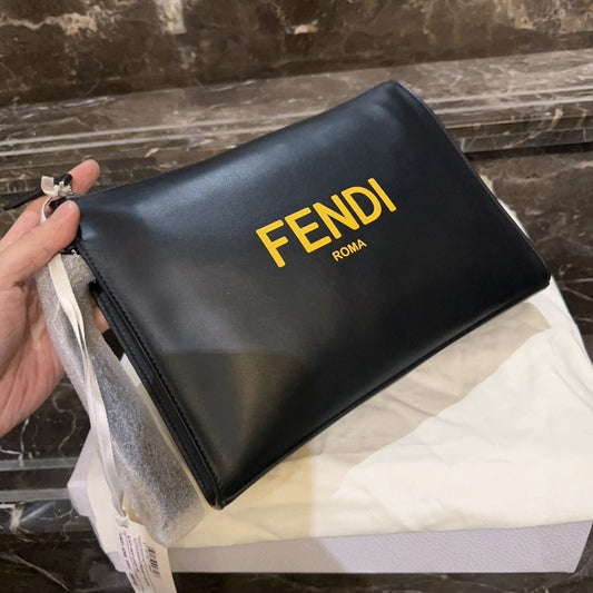 Fendi Black Printed Handbag Clutch Leather