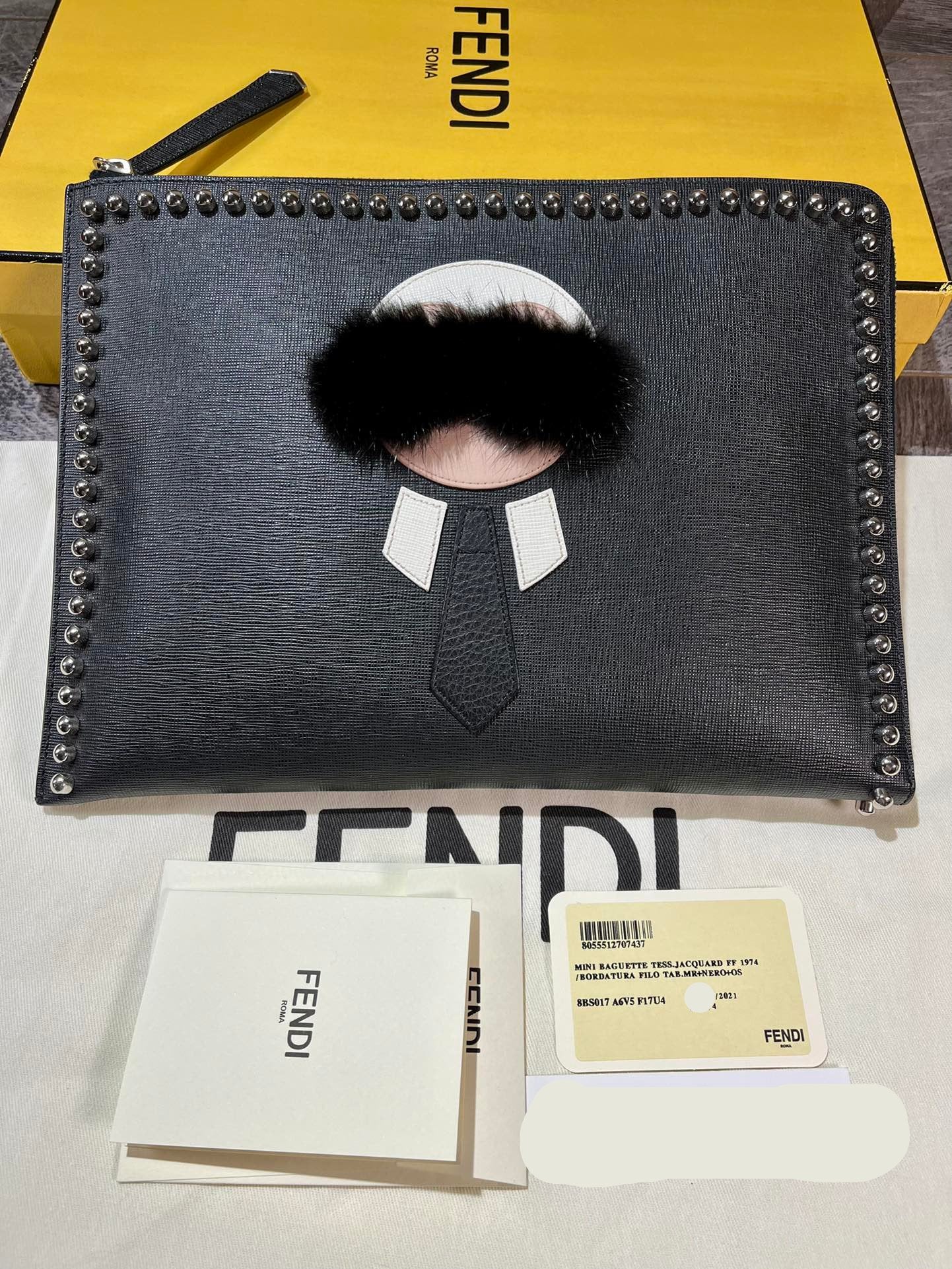 Fendi Mink Hair Riveted Handbag Black Leather Clutch