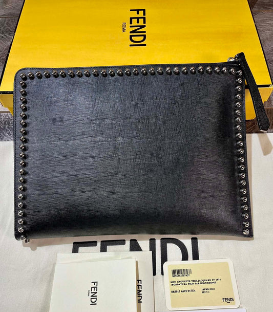 Fendi Mink Hair Riveted Handbag Black Leather Clutch