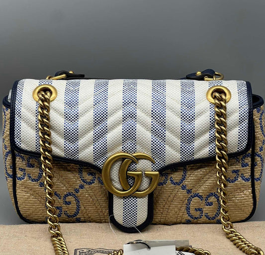 Gucci GG Marmont Striped Fabric Chain Shoulder Bag