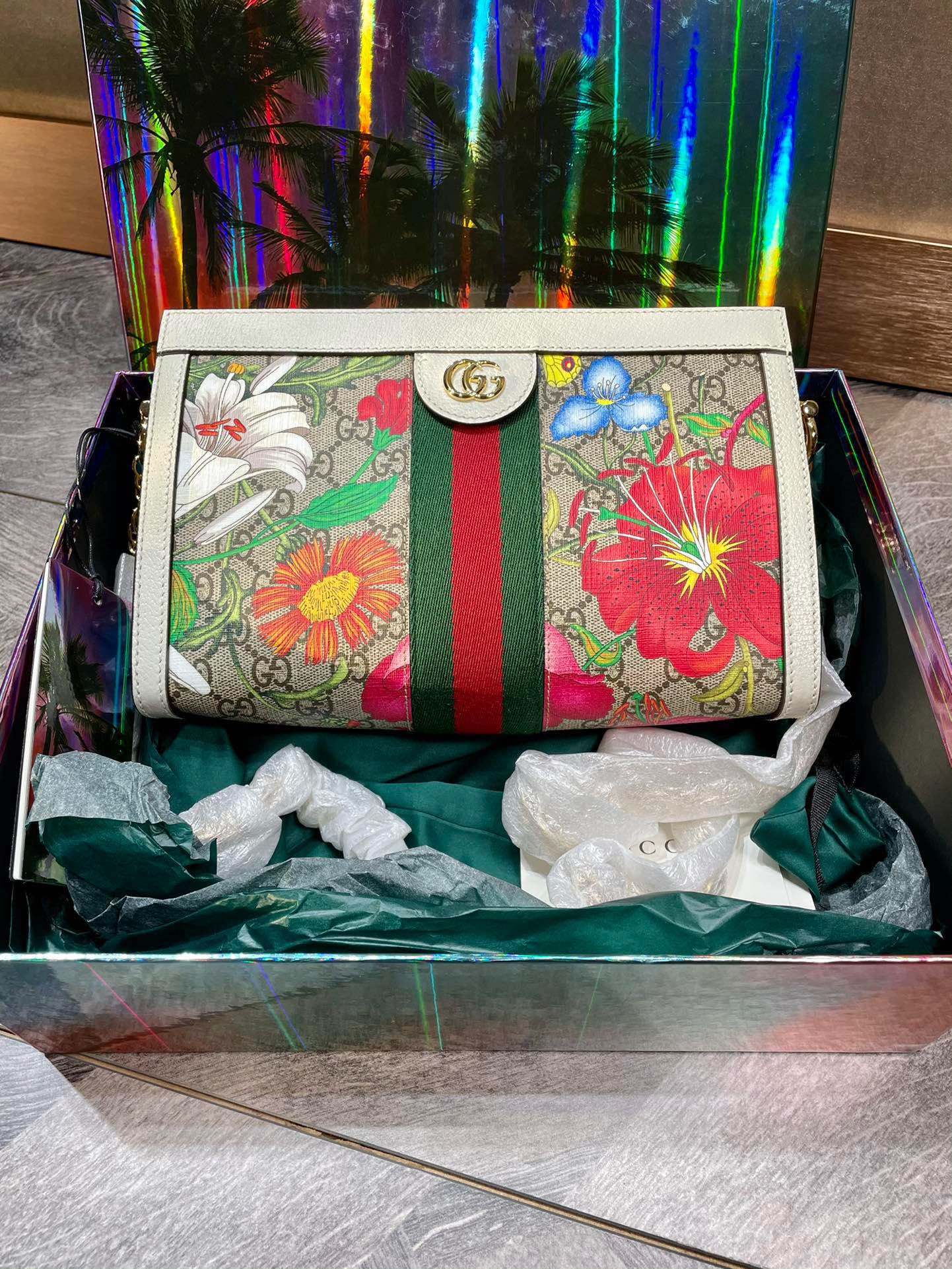 Gucci Ophidia Floral Print Striped Knitted Belt Chain Bag