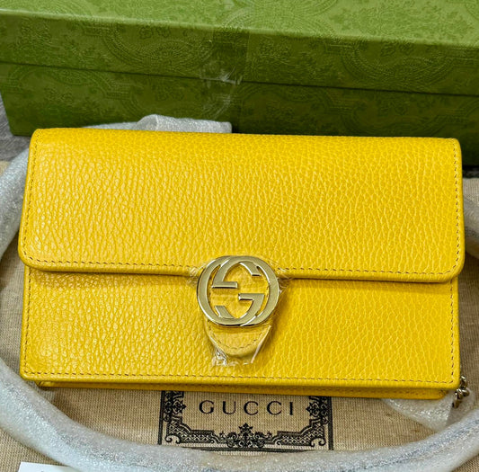 Gucci GG Chain Bag Yellow Litchi Pattern Shoulder Bag