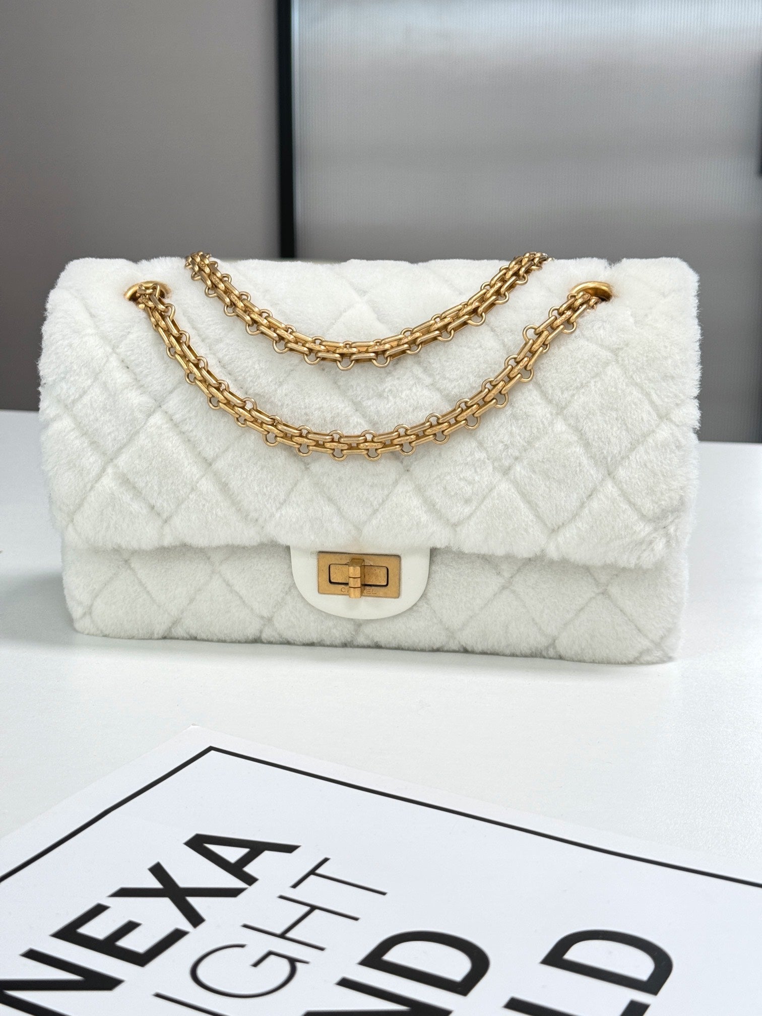 Chanel White Fur Gold Chain Bag Shoulder Handbag