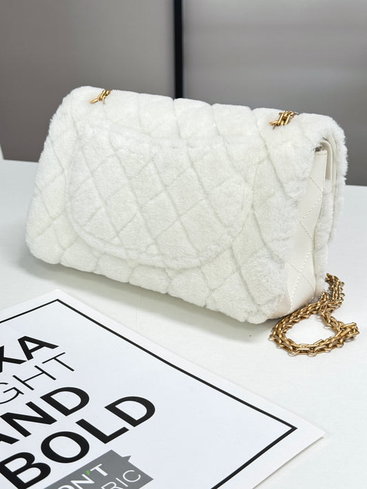 Chanel White Fur Gold Chain Bag Shoulder Handbag