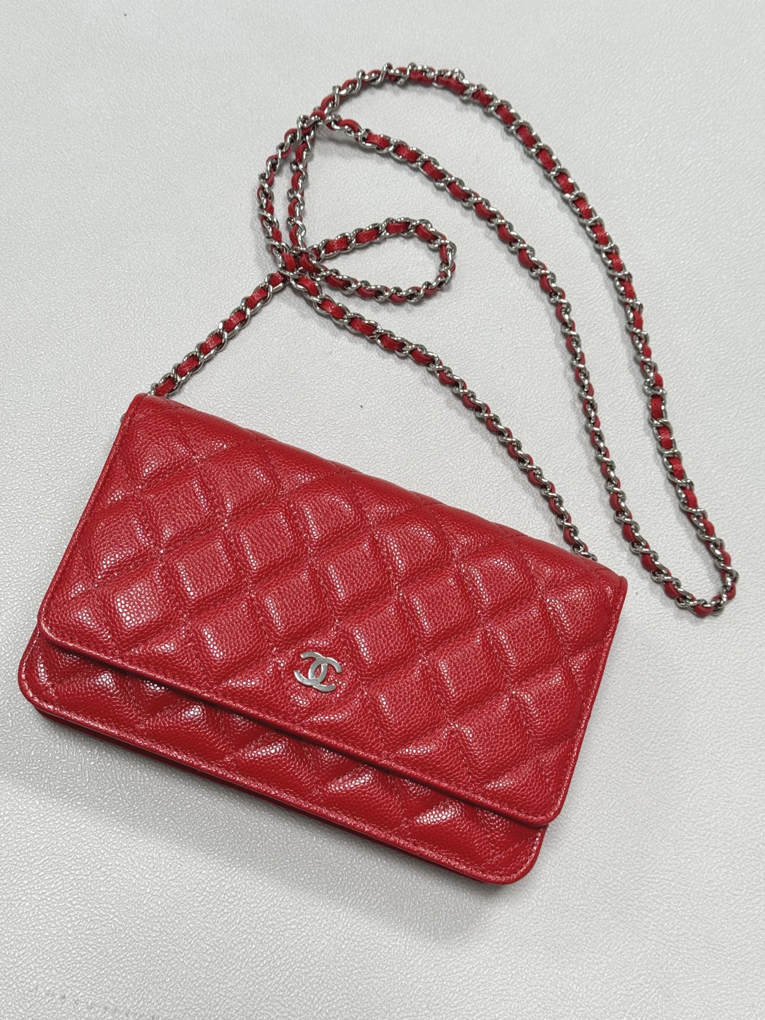 Chanel Red Litchi Peel Diamond Pattern Woc Chain Bag