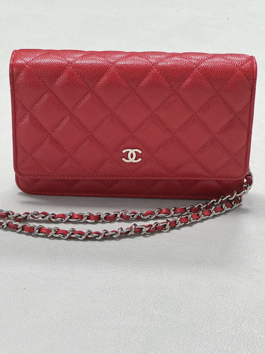 Chanel Red Litchi Peel Diamond Pattern Woc Chain Bag