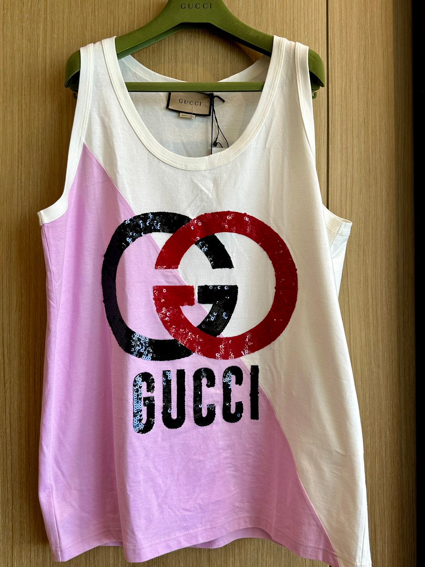 Gucci GG Sequin Pink and White Block Tank Top T-shirt