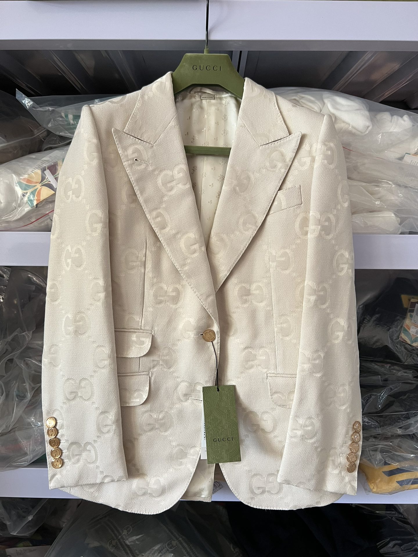 Gucci White Embossed Logo Suit Jacket