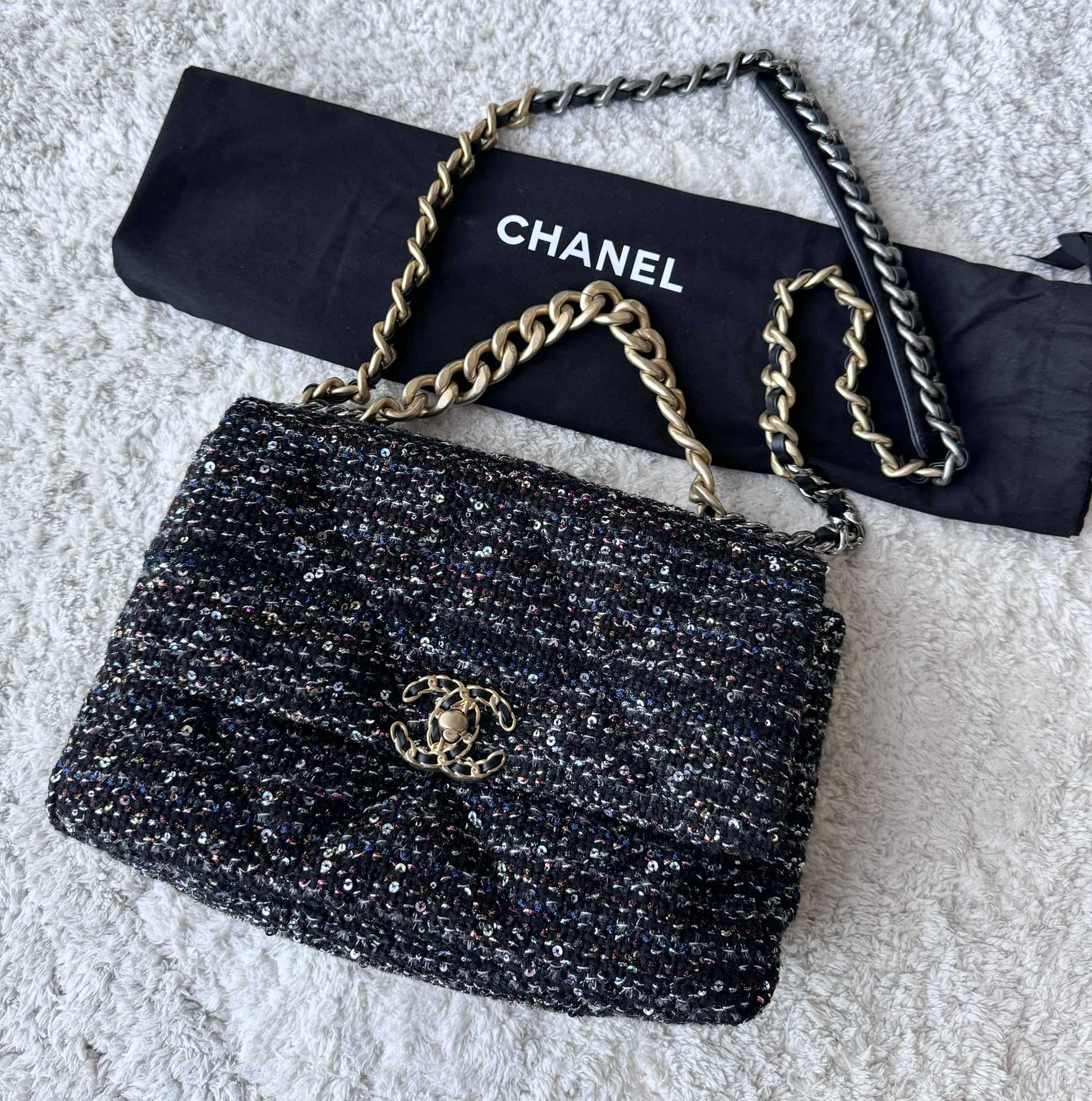 Chanel Black Sequin Tweed 19Bag Shoulder Bag