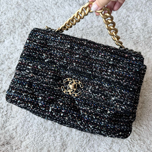 Chanel Black Sequin Tweed 19Bag Shoulder Bag