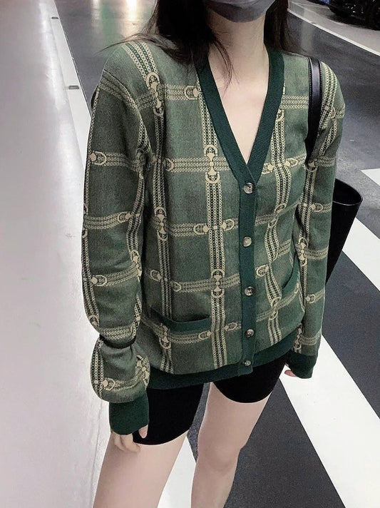 Gucci Green Horse Riding Button Jacquard Cardigan