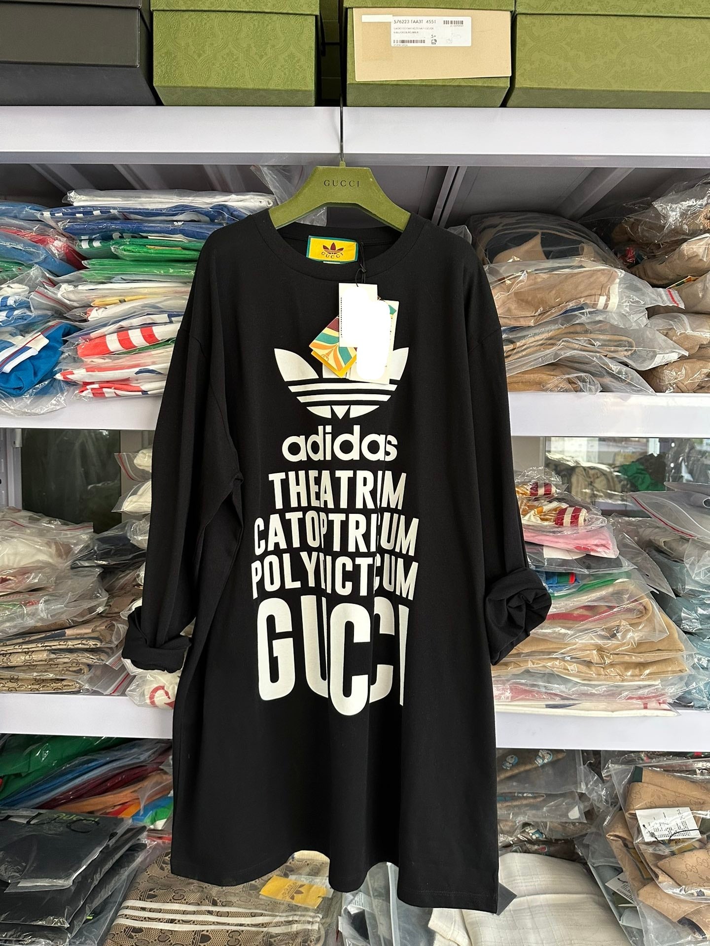 Gucci × Adidas Joint Letter Printed Long Sleeved Black T-shirt