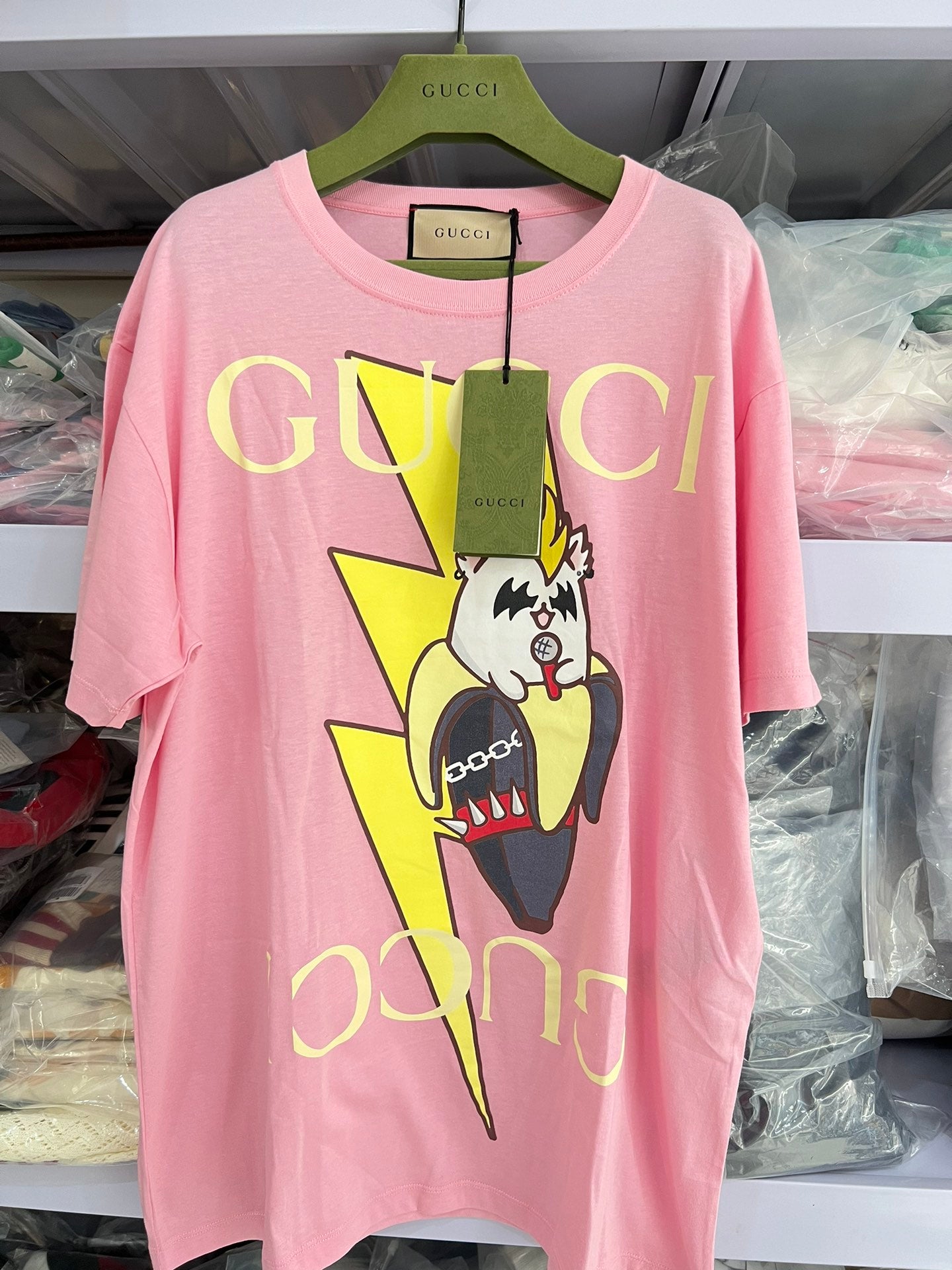 Gucci× Letter Banana Cat Pattern Pink T-shirt