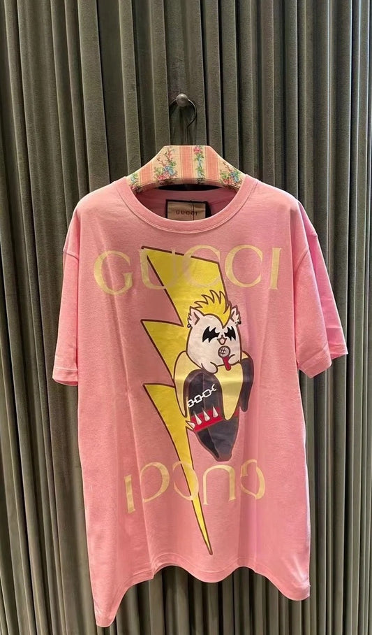 Gucci× Letter Banana Cat Pattern Pink T-shirt