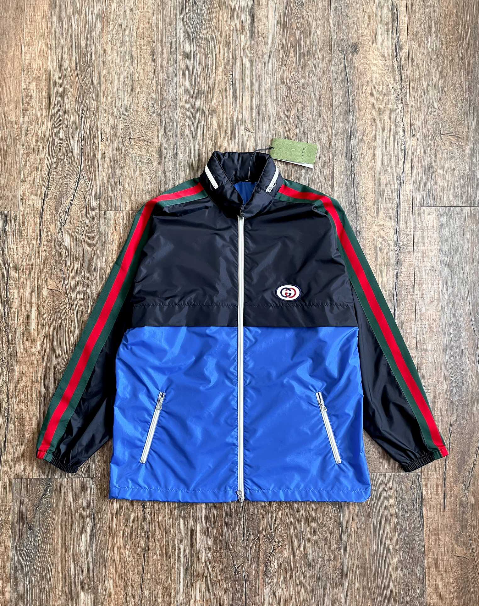 Gucci Red Green Striped Nylon Zipper Coat With Hidden Hat