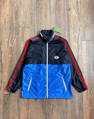 Gucci Red Green Striped Nylon Zipper Coat With Hidden Hat