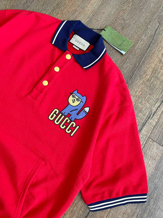 Gucci Cartoon Embroidered Logo Short Sleeved Polo Shirt