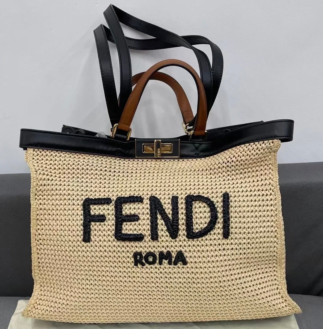 Fendi Peekboo X-Tote Gold Button Woven Shoulder Handbag