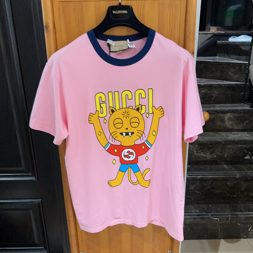 Gucci Kitten Printed Round Neck Short Sleeved T-shirt