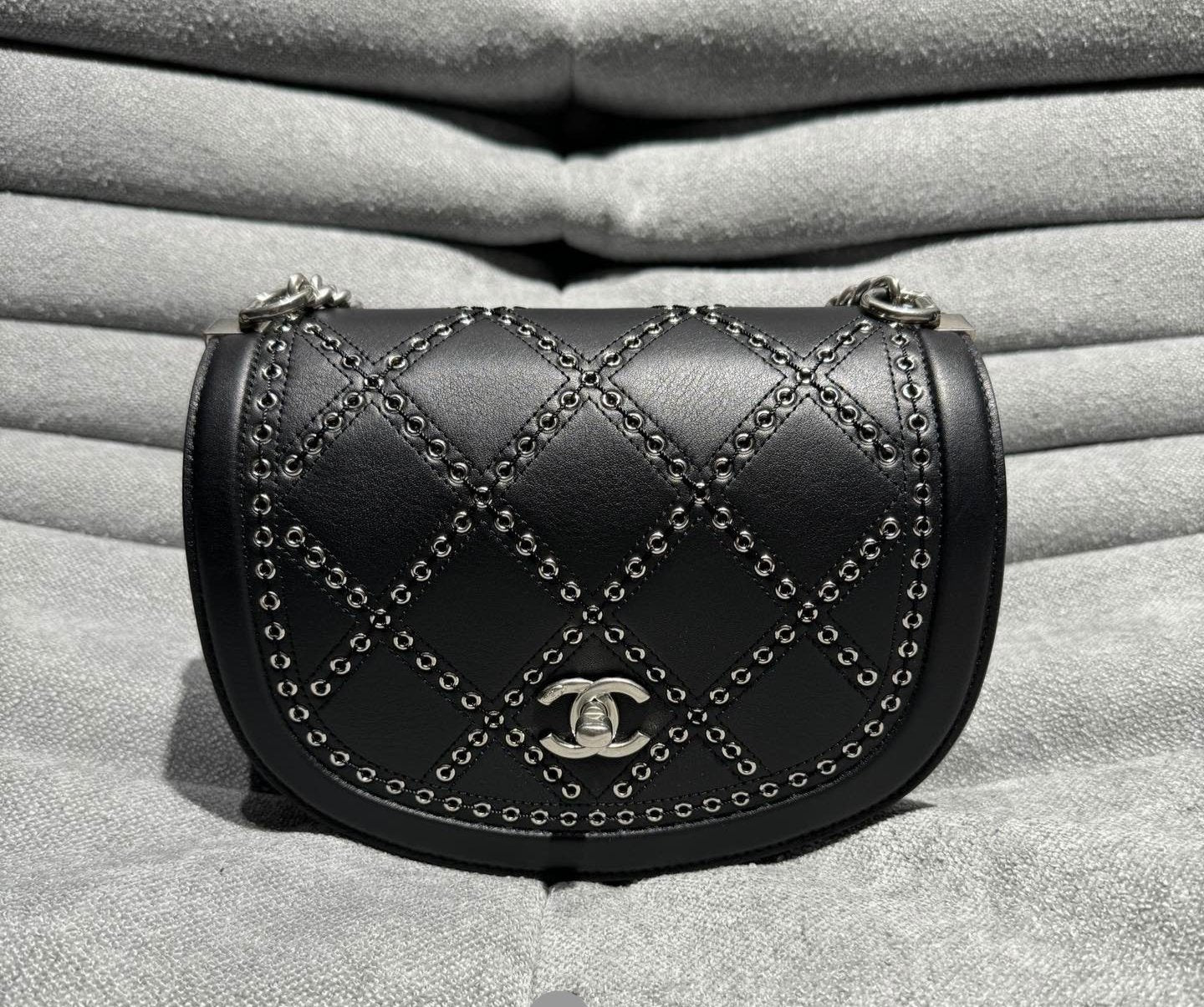 Chanel Black Diamond Patterned Rivet Shoulder Crossbody Bag