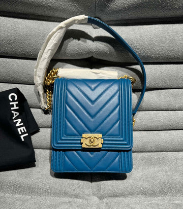 Chanel Leboy Blue Diamond Checkered Vertical Shoulder Crossbody Bag