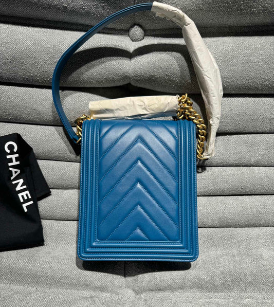 Chanel Leboy Blue Diamond Checkered Vertical Shoulder Crossbody Bag