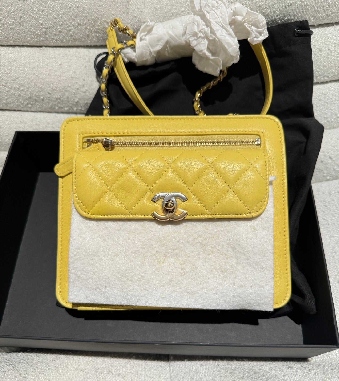 Chanel Yellow Zipper Diamond Pattern Shoulder Bag Crossbody Bag