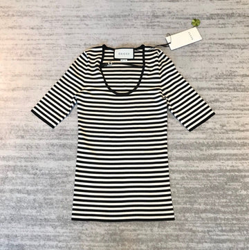 Gucci Women's Black And White Striped Knitted Shirt Short Sleeved