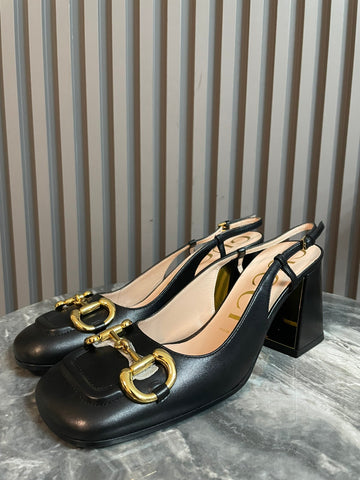 Gucci Metallic Horsebit Black Slingback Pumps