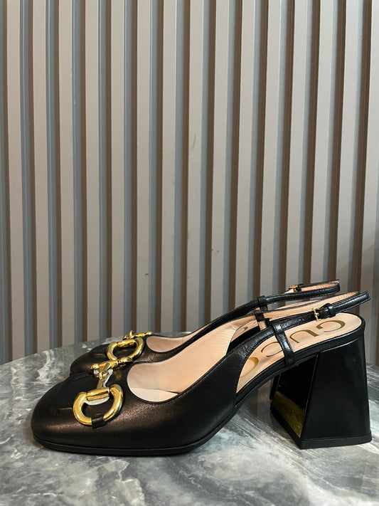 Gucci Metallic Horsebit Black Slingback Pumps