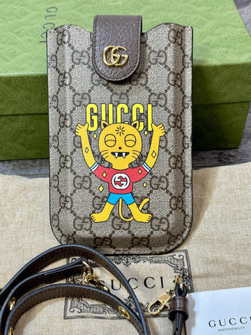 Gucci GG Supreme Kitten Print Shoulder Crossbody Bag Phone Bag