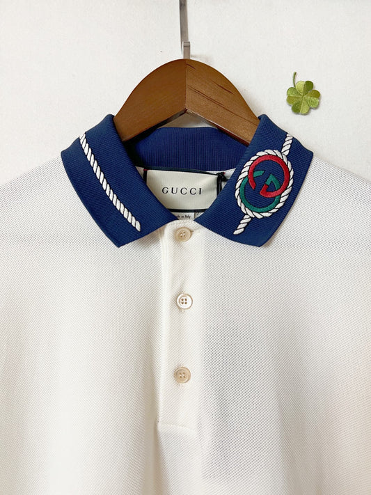 Gucci Blue Knitted Collar Men's Short Sleeved Polo