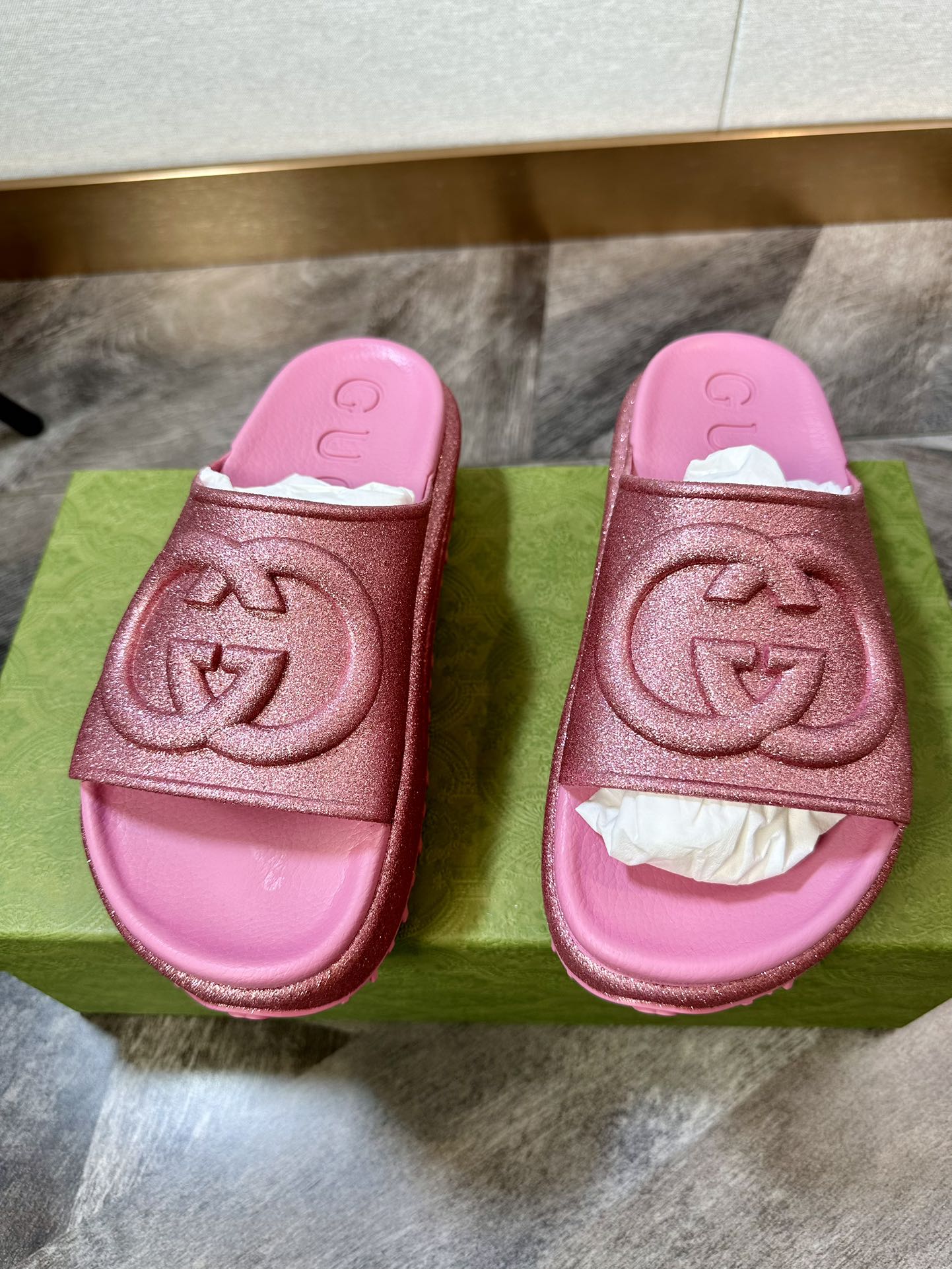 Gucci Metal Pearl Pink Thick Sole Slippers