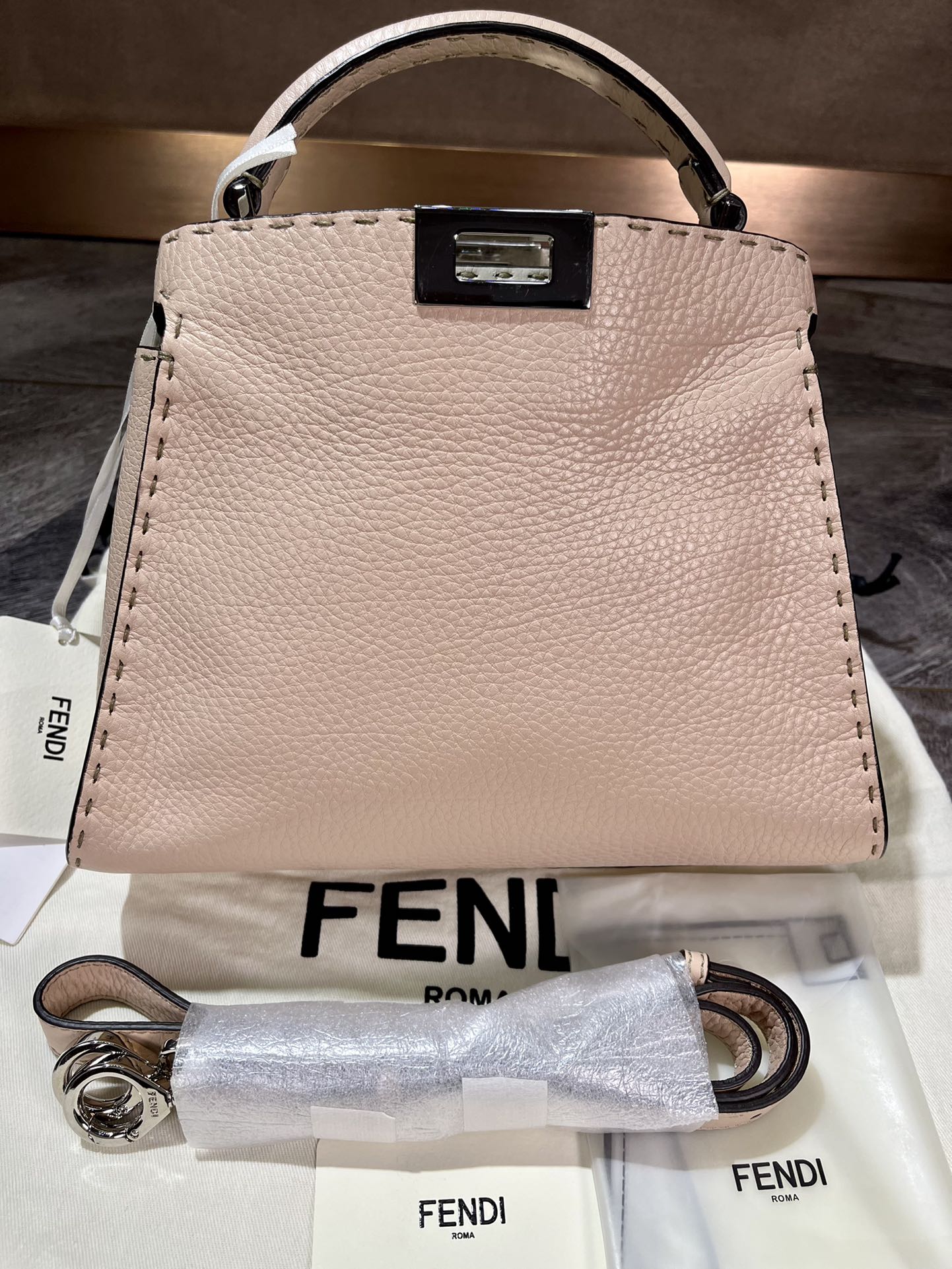 Fendi Peekaboo Essentially Litchi Peel Handheld Shoulder Crossbody Bag