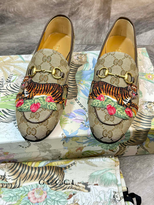 Gucci Supreme Tiger Embroidered Horsebit Loafer Shoes