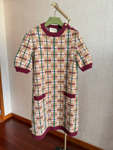 Gucci Knitted Plaid Round Neck Short Sleeved Dress