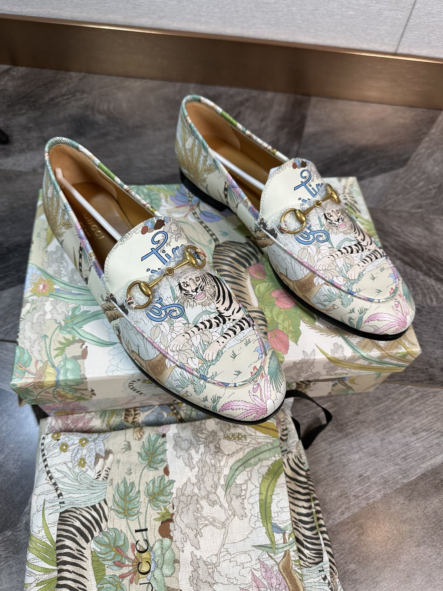 Gucci Tiger Print Horsebit Loafer Shoes