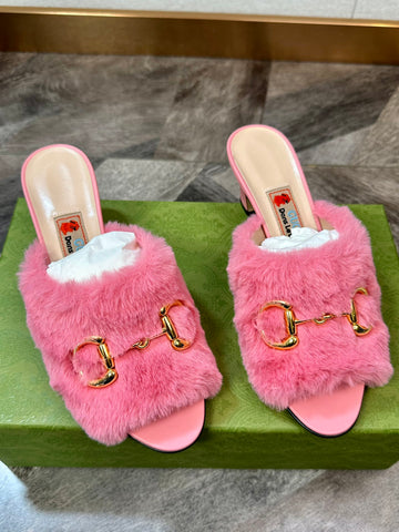 Gucci Wool Horsebit Square Heel Pink Slippers