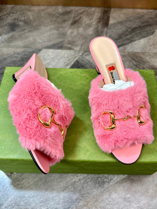 Gucci Wool Horsebit Square Heel Pink Slippers