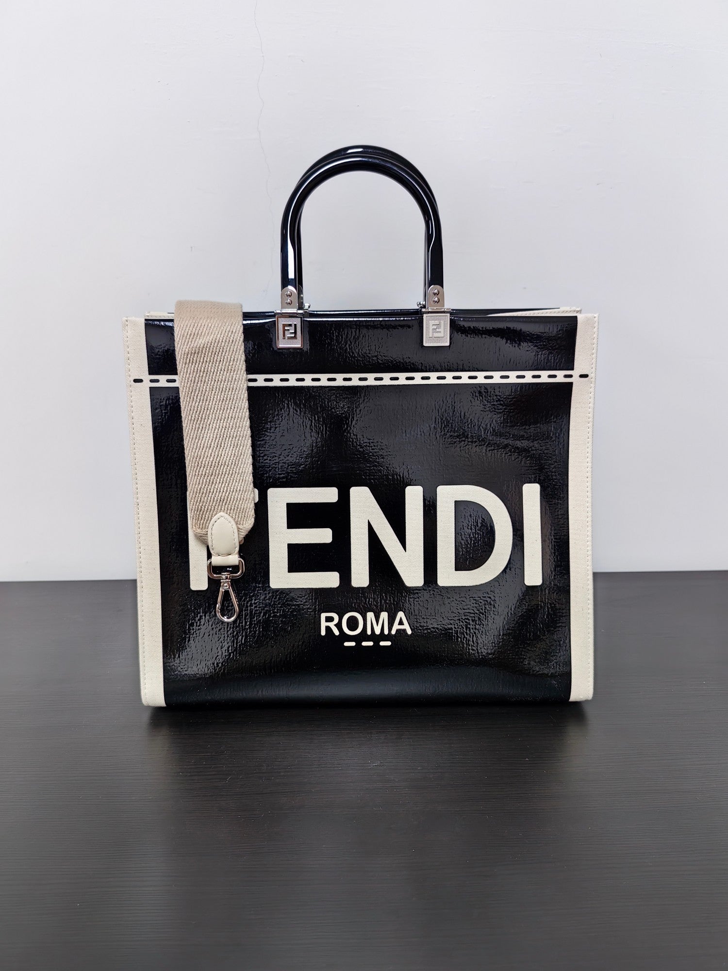 Fendi Sunshine Embossed Logo Black Tote Bag Handbag