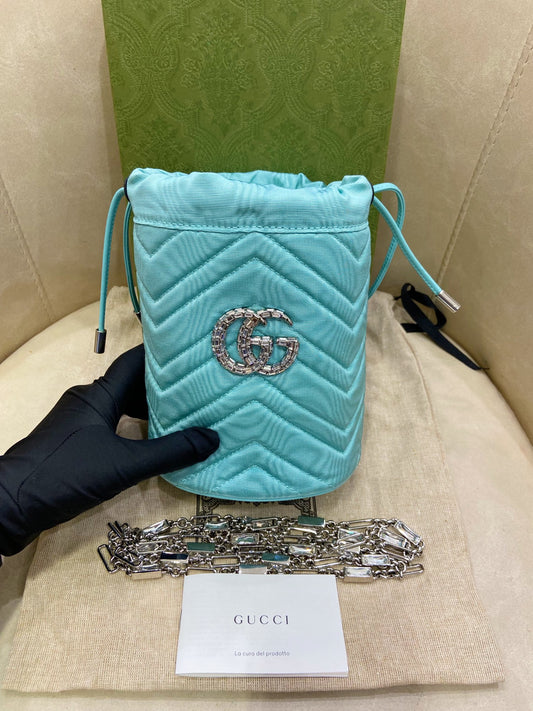 Gucci GG Marmont Crystal Buckle Bucket Bag Chain Bag